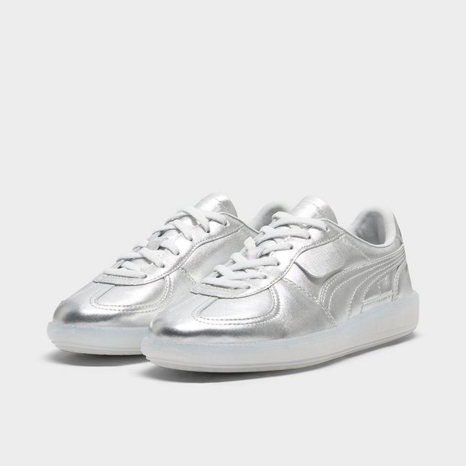 Three Quarter view of Big Kids' Puma Palermo Chrome Casual Shoes in Silver/Feather Gray Click to zoom