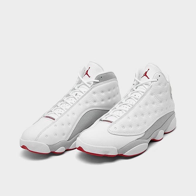 Three Quarter view of Air Jordan Retro 13 Basketball Shoes in White/True Red/Wolf Grey Click to zoom