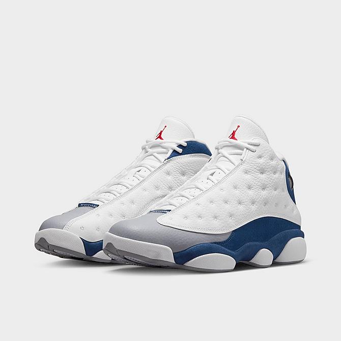 Three Quarter view of Air Jordan Retro 13 Basketball Shoes in White/Fire Red/French Blue/Light Steel Grey Click to zoom