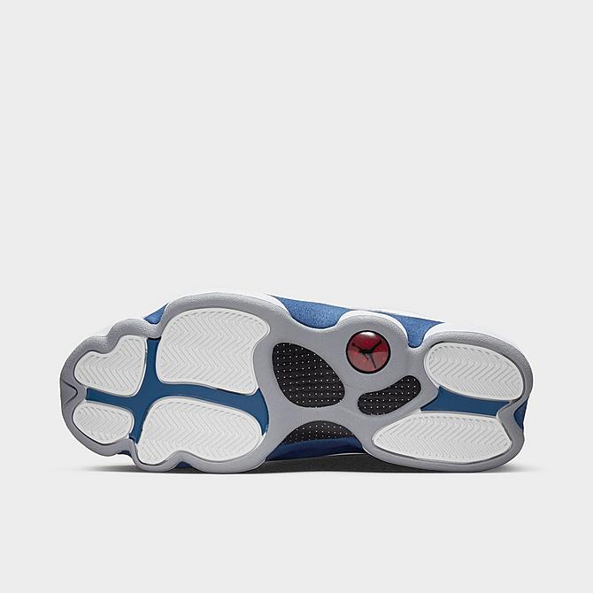 Bottom view of Air Jordan Retro 13 Basketball Shoes in White/Fire Red/French Blue/Light Steel Grey Click to zoom