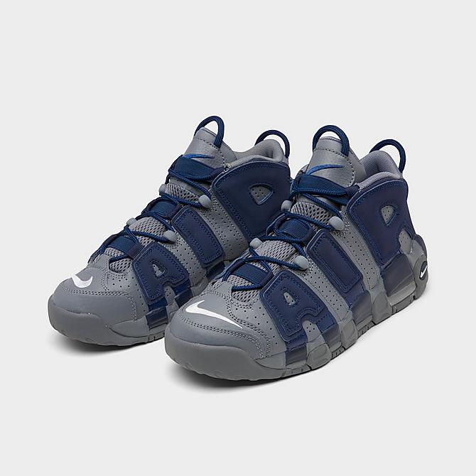 Three Quarter view of Boys' Big Kids' Nike Air More Uptempo '96 Basketball Shoes in Cool Grey/White/Midnight Navy Click to zoom