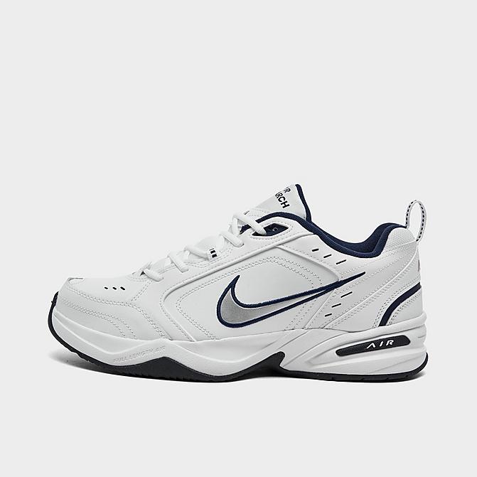 Right view of Men's Nike Air Monarch IV Training Shoes in White/Metallic Silver/Mid-Navy Click to zoom