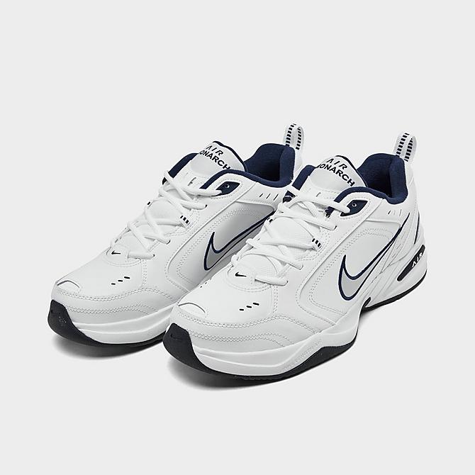 Three Quarter view of Men's Nike Air Monarch IV Training Shoes in White/Metallic Silver/Mid-Navy Click to zoom