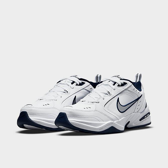 Three Quarter view of Men's Nike Air Monarch IV Training Shoes (Wide Width 4E) in White/Metallic Click to zoom