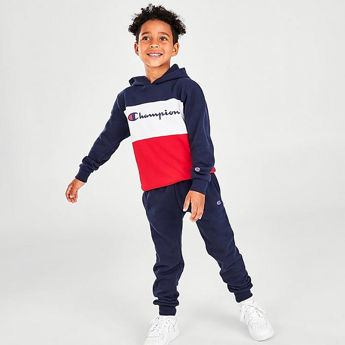 Front view of Boys' Little Kids' Champion Script Colorblock Fleece Hoodie and Joggers Set in Navy/White/Red Click to zoom