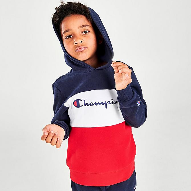 Back Left view of Boys' Little Kids' Champion Script Colorblock Fleece Hoodie and Joggers Set in Navy/White/Red Click to zoom