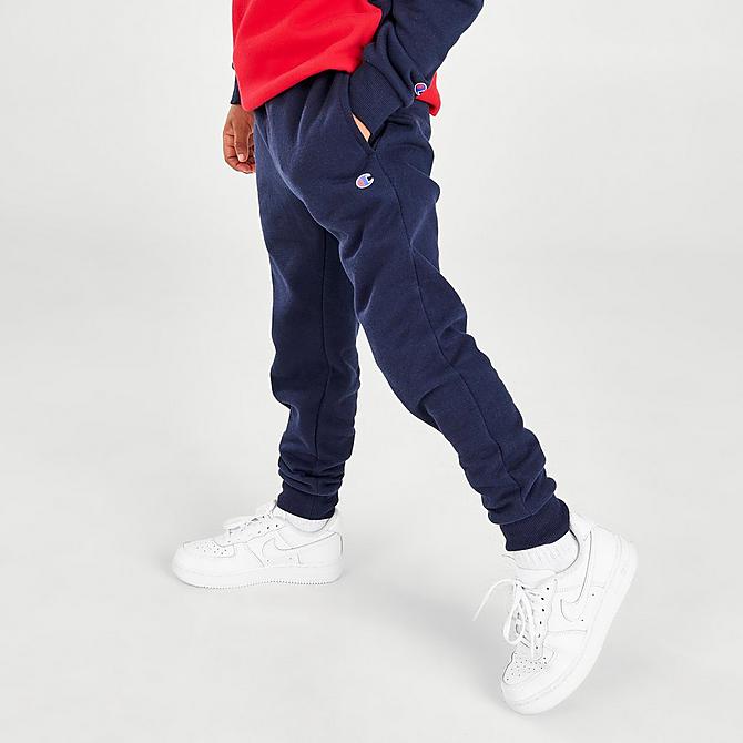 Back Right view of Boys' Little Kids' Champion Script Colorblock Fleece Hoodie and Joggers Set in Navy/White/Red Click to zoom