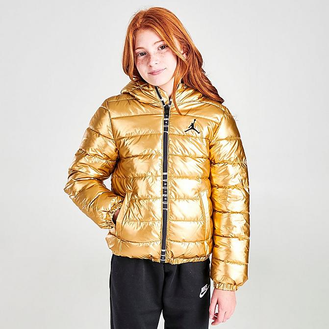 Front view of Kids' Jordan Full-Zip Puffer Jacket in Gold Click to zoom