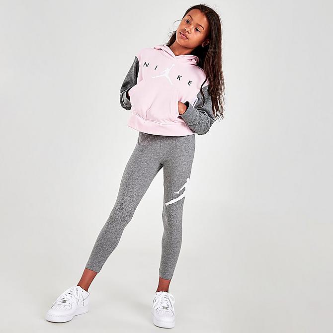 Front Three Quarter view of Girls' Jordan By Nike Boxy Hoodie in Pink/Grey Click to zoom