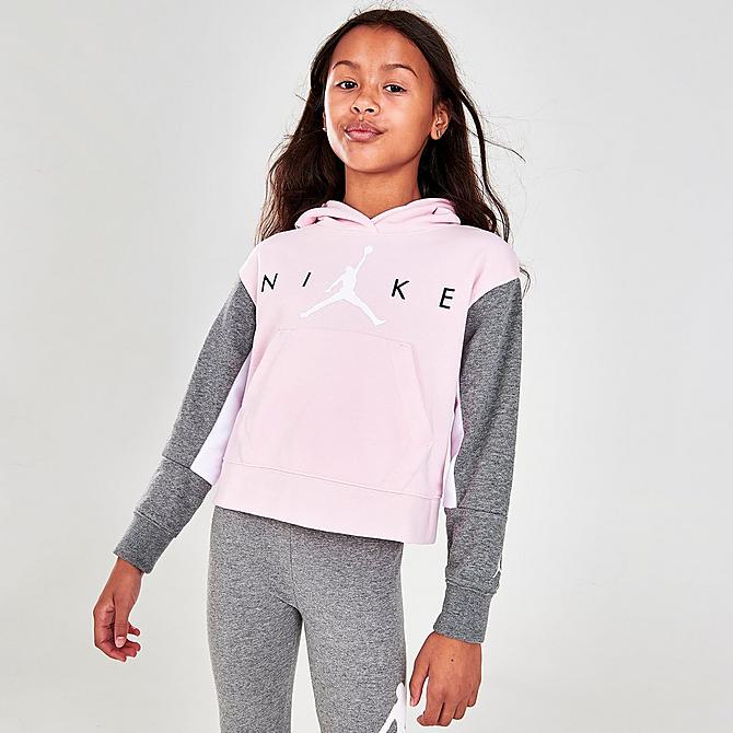 Back Left view of Girls' Jordan By Nike Boxy Hoodie in Pink/Grey Click to zoom