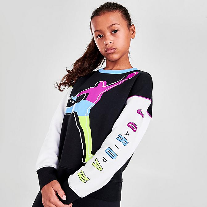 Front view of Girls' Jordan KSA Colorblock Crewneck Sweatshirt in Black/Multicolor Click to zoom