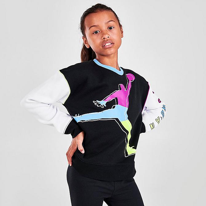 Back Left view of Girls' Jordan KSA Colorblock Crewneck Sweatshirt in Black/Multicolor Click to zoom
