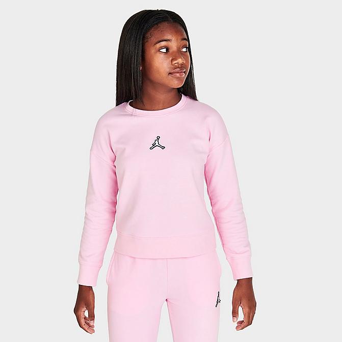 Front view of Girls' Jordan Essentials Crewneck Sweatshirt in Pink Foam Click to zoom