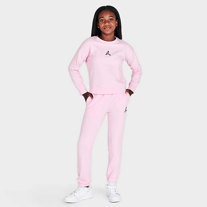 Front Three Quarter view of Girls' Jordan Essentials Crewneck Sweatshirt in Pink Foam Click to zoom