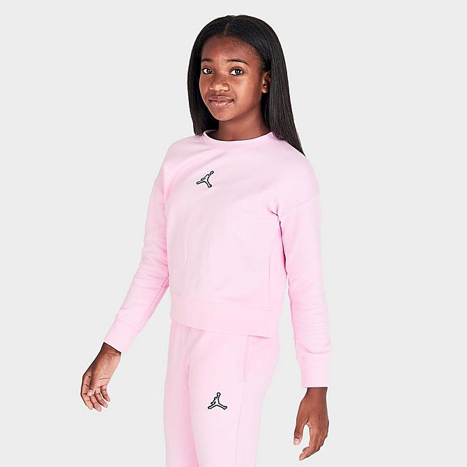 Back Left view of Girls' Jordan Essentials Crewneck Sweatshirt in Pink Foam Click to zoom