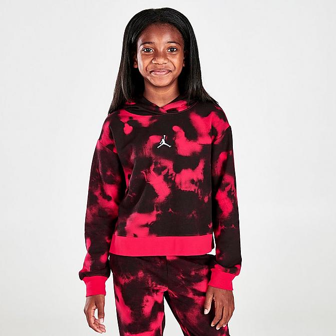Front view of Girls' Jordan Essentials Boxy Pullover Hoodie in Very Berry/Black Click to zoom