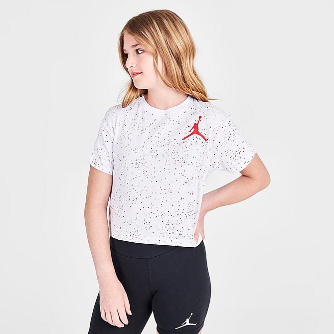 Back Left view of Girls' Jordan Color Mix Allover Print T-Shirt in White Click to zoom