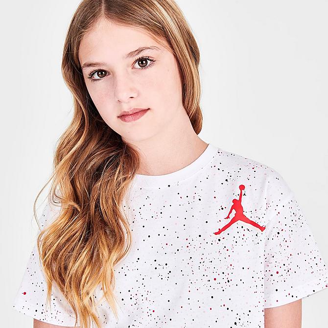 On Model 5 view of Girls' Jordan Color Mix Allover Print T-Shirt in White Click to zoom