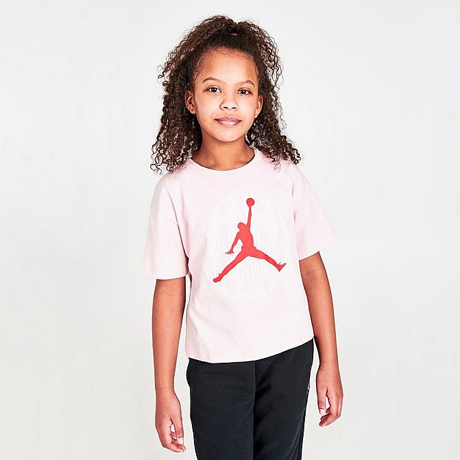 Front view of Girls' Jordan Jumpman World T-Shirt in Pink/Red Click to zoom