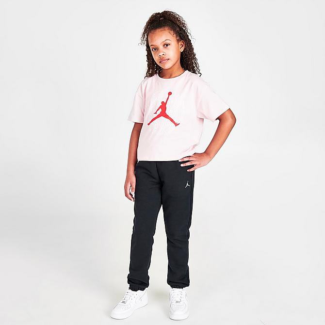 Front Three Quarter view of Girls' Jordan Jumpman World T-Shirt in Pink/Red Click to zoom