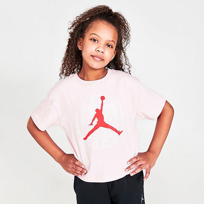 Back Left view of Girls' Jordan Jumpman World T-Shirt in Pink/Red Click to zoom