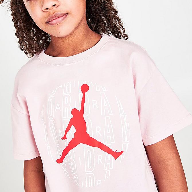 On Model 5 view of Girls' Jordan Jumpman World T-Shirt in Pink/Red Click to zoom