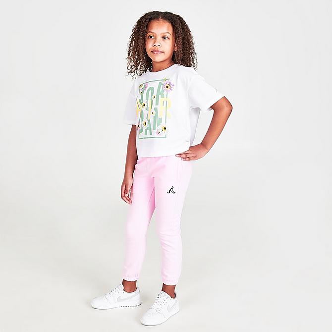 Front Three Quarter view of Girls' Jordan Flower Child T-Shirt in White/Multi Click to zoom