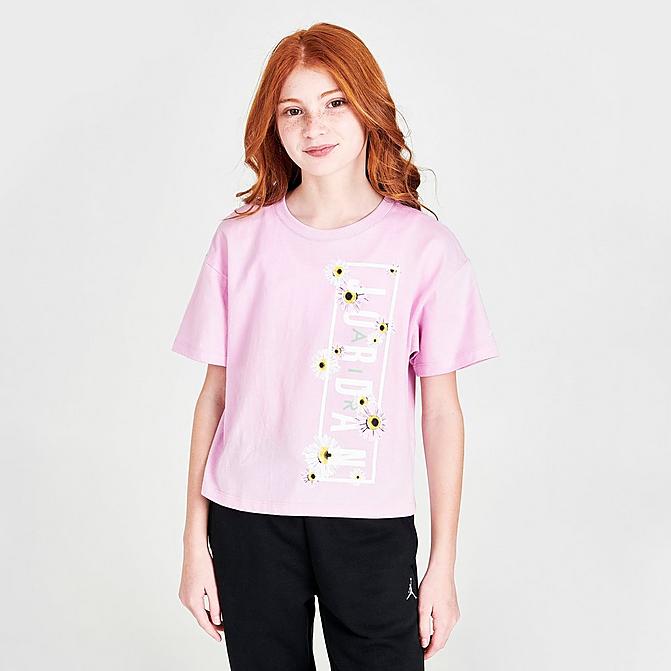 Front view of Girls' Jordan Flower Child T-Shirt in Pink Click to zoom