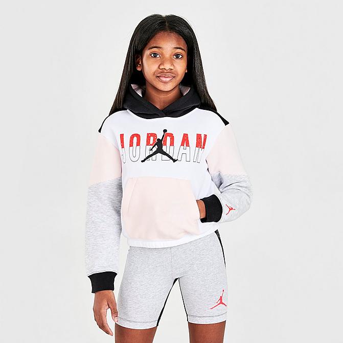 Front view of Girls' Jordan Jumpman Millennial Colorblock Hoodie in White/Black/Red Click to zoom