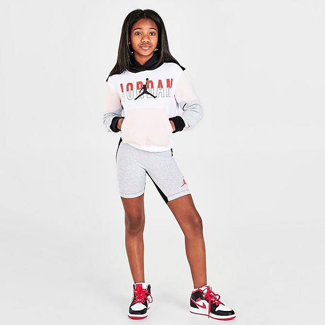 Front Three Quarter view of Girls' Jordan Jumpman Millennial Colorblock Hoodie in White/Black/Red Click to zoom