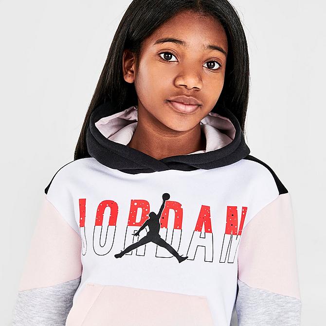 On Model 5 view of Girls' Jordan Jumpman Millennial Colorblock Hoodie in White/Black/Red Click to zoom