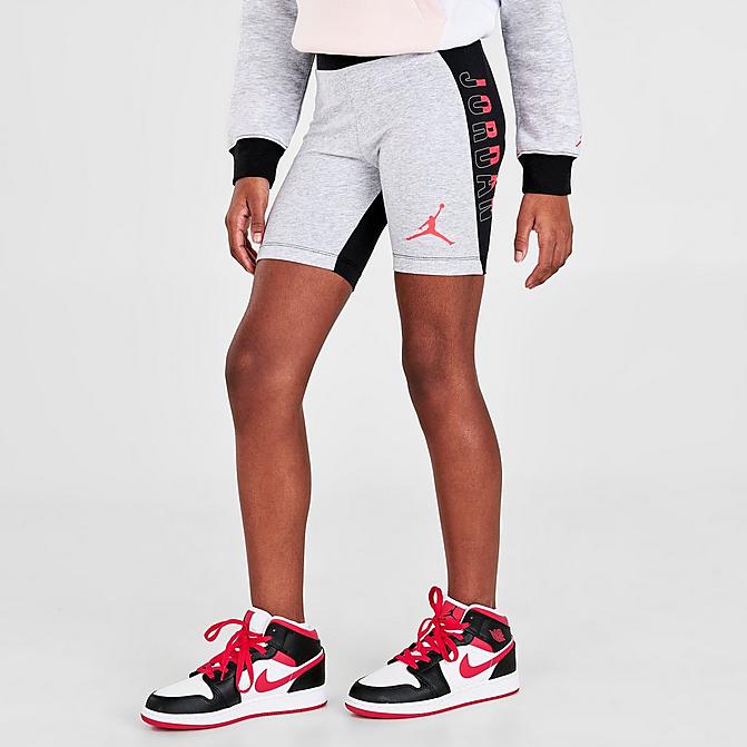 Front view of Girls' Jordan Jumpman Millennial Colorblock Bike Shorts in Lunar Rock Heather Click to zoom