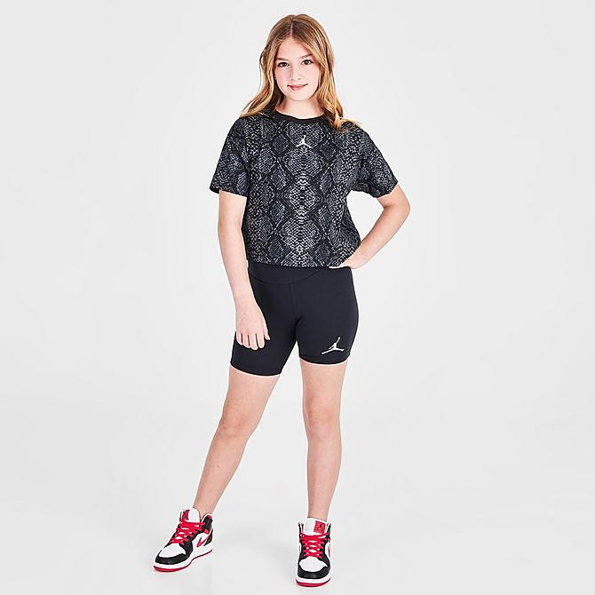 Front Three Quarter view of Girls' Jordan Jumpman Essentials Snake Print T-Shirt in Black/Grey Click to zoom