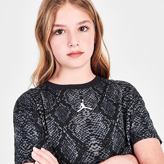 On Model 5 view of Girls' Jordan Jumpman Essentials Snake Print T-Shirt in Black/Grey Click to zoom