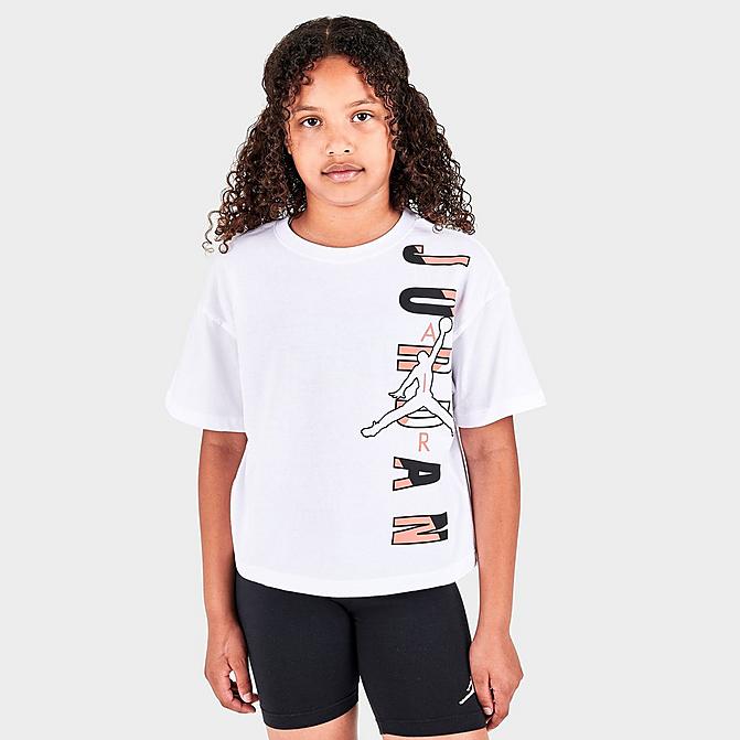 Front view of Girls' Jordan HBR Vert T-Shirt in White Click to zoom