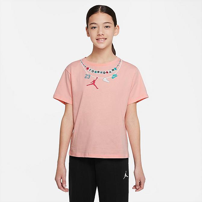 Front view of Girls' Jordan BFF Necklace T-Shirt in Bleached Coral Click to zoom