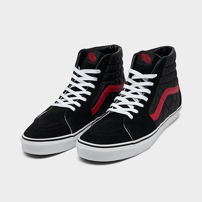 Three Quarter view of Vans Sk8-Hi Quilted Casual Shoes in Black/Red Click to zoom