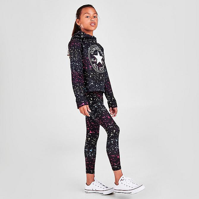 Front Three Quarter view of Girls' Converse Chuck Taylor Patch Print Cropped Hoodie in Black Click to zoom