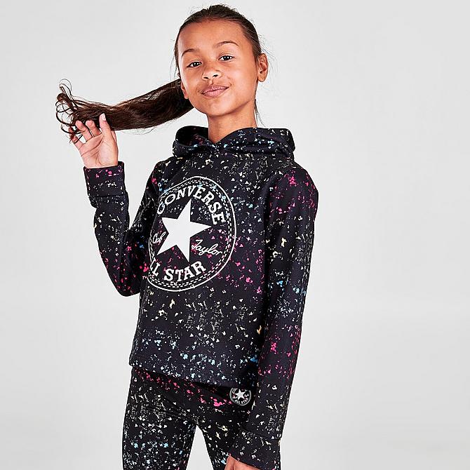 Back Left view of Girls' Converse Chuck Taylor Patch Print Cropped Hoodie in Black Click to zoom