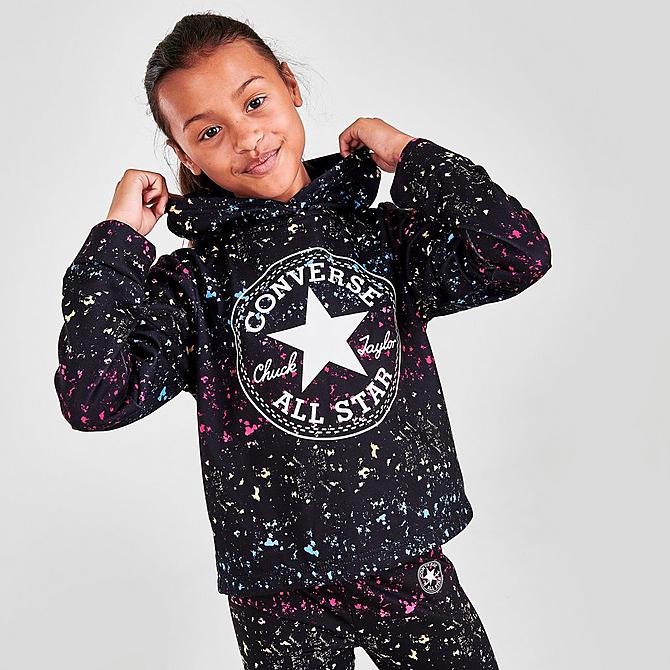 Back Right view of Girls' Converse Chuck Taylor Patch Print Cropped Hoodie in Black Click to zoom