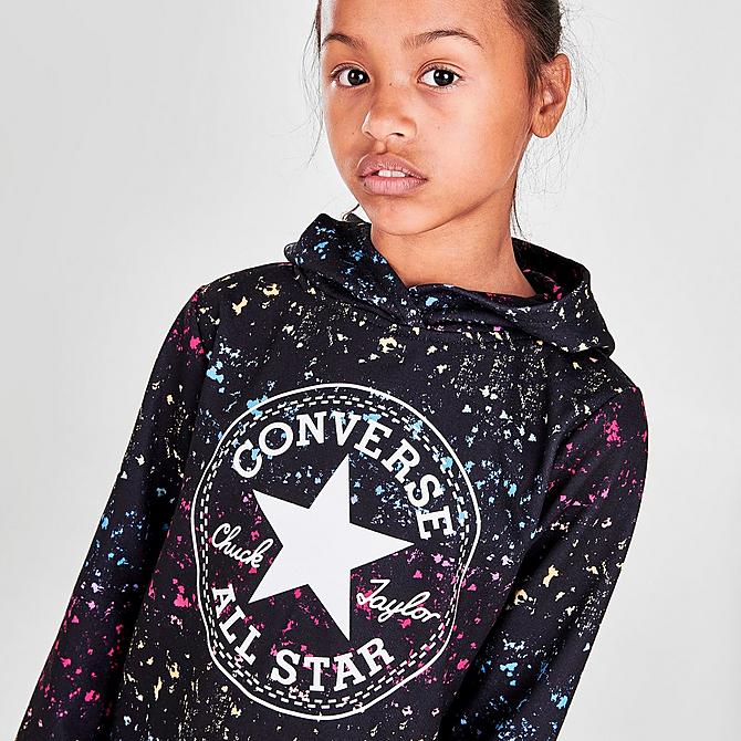 On Model 6 view of Girls' Converse Chuck Taylor Patch Print Cropped Hoodie in Black Click to zoom