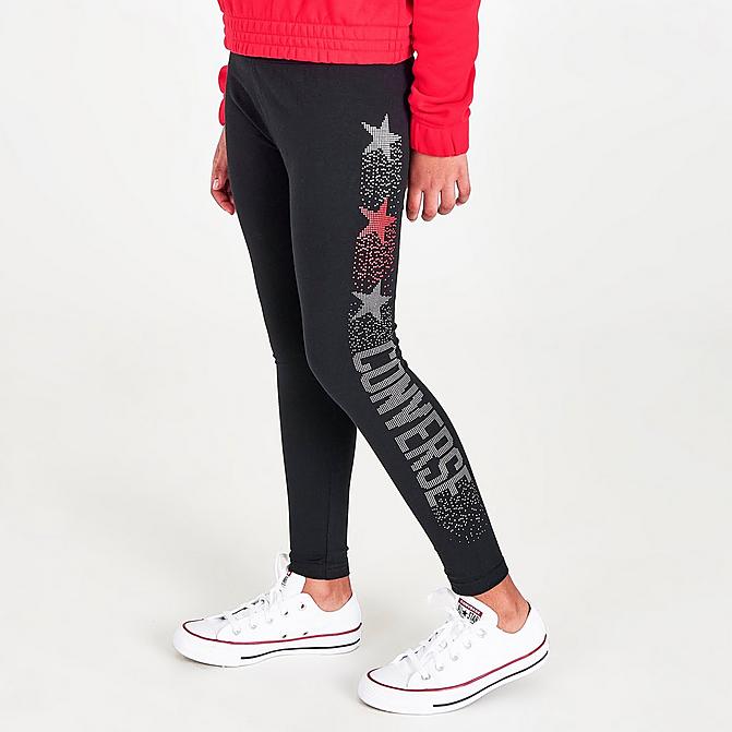 Front view of Girls' Converse Rhinestone Logo Leggings in Black Click to zoom