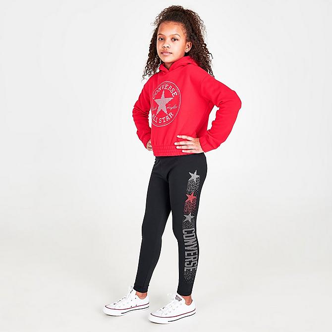 Front Three Quarter view of Girls' Converse Rhinestone Logo Leggings in Black Click to zoom