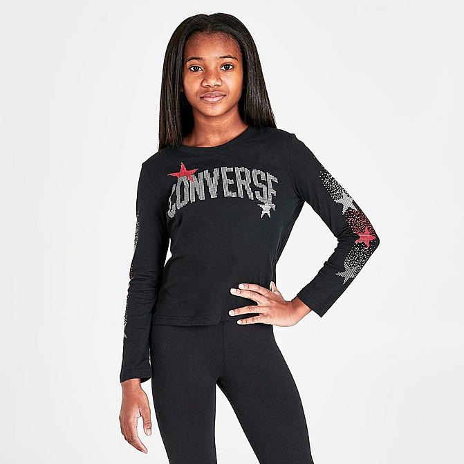 Front view of Girls' Converse Rhinestone Long-Sleeve T-Shirt in Black Click to zoom
