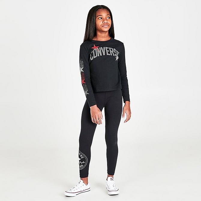 Front Three Quarter view of Girls' Converse Rhinestone Long-Sleeve T-Shirt in Black Click to zoom