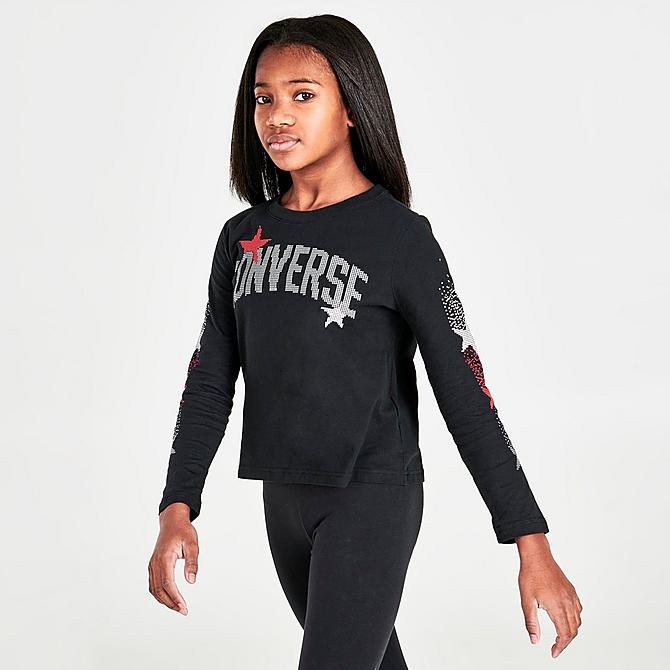 Back Left view of Girls' Converse Rhinestone Long-Sleeve T-Shirt in Black Click to zoom