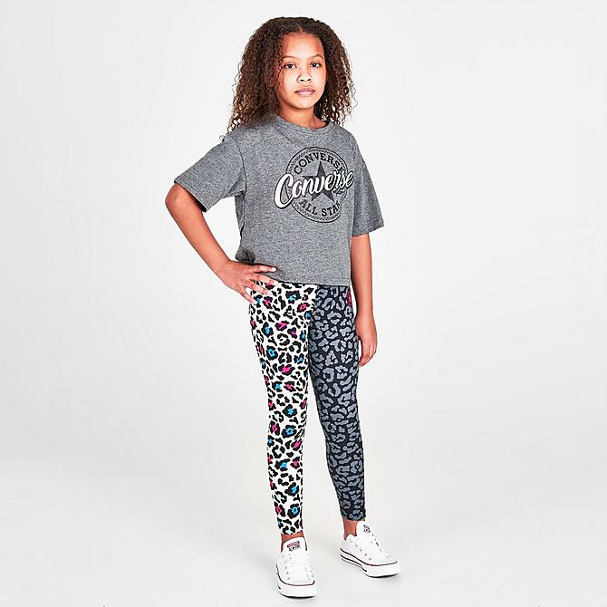 Front Three Quarter view of Girls' Converse Colorblock Animal Print Leggings in Black/Allover Print Click to zoom