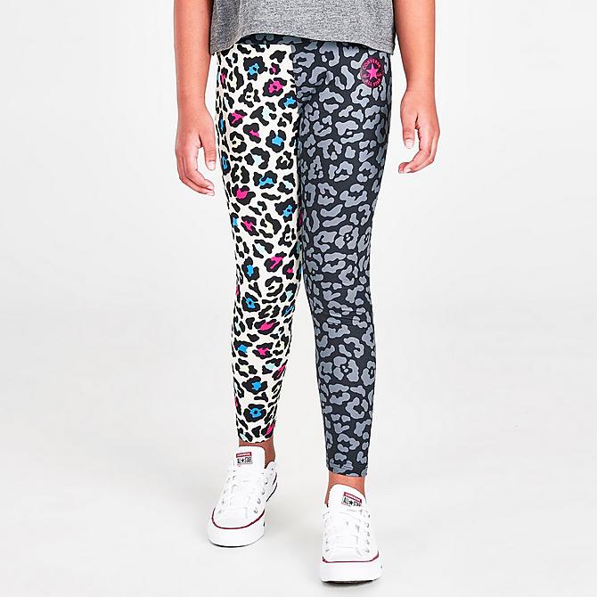 Back Left view of Girls' Converse Colorblock Animal Print Leggings in Black/Allover Print Click to zoom