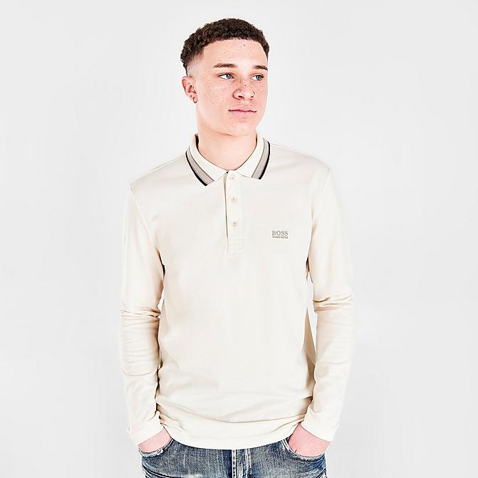 Front view of Men's Hugo Boss Plisy Long-Sleeve Polo Shirt in Cream Click to zoom