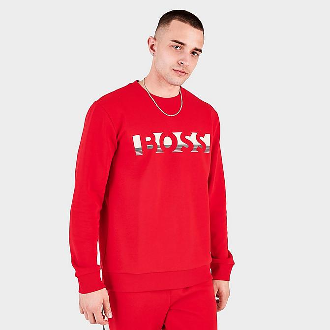Front view of Men's Hugo Boss Striped Block Logo Hoodie in Red Click to zoom